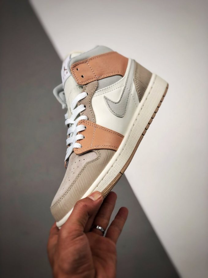 The Nike Air Jordan 1 Mid Milan City Pack Beige Leather Upper Tan Suede Toe Top Replica Sneakers 04