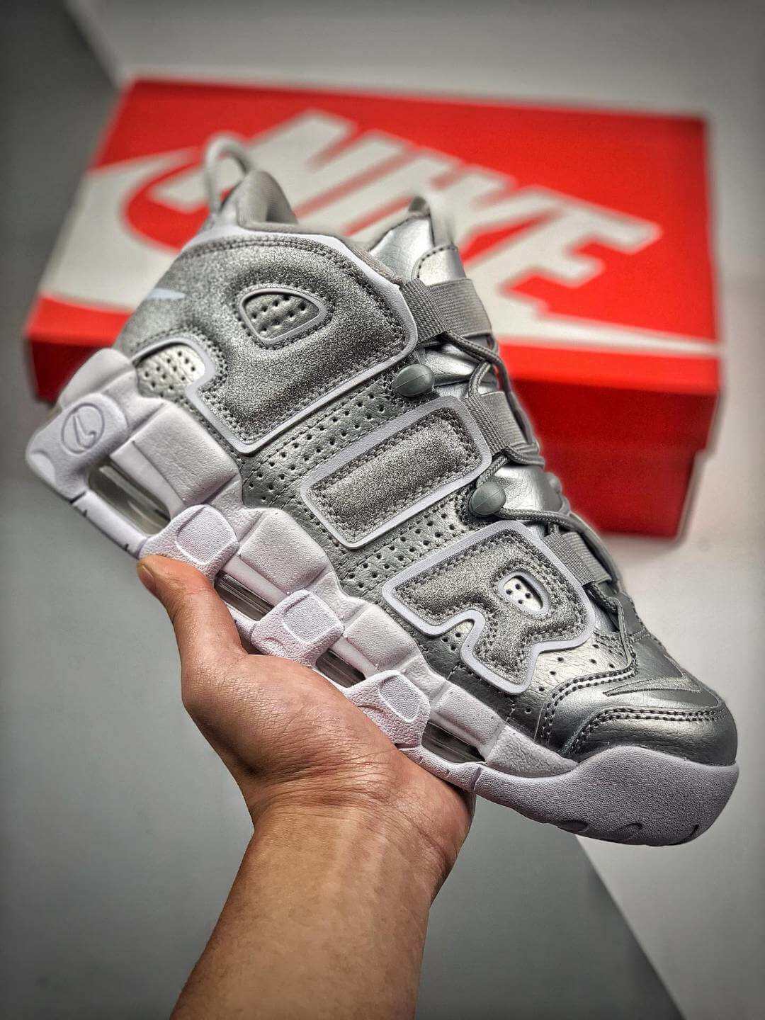 nike air more uptempo metallic silver