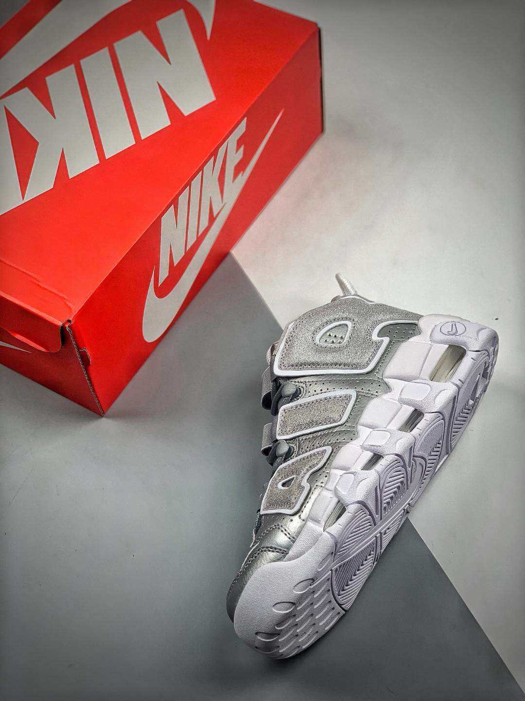 nike uptempo metallic silver
