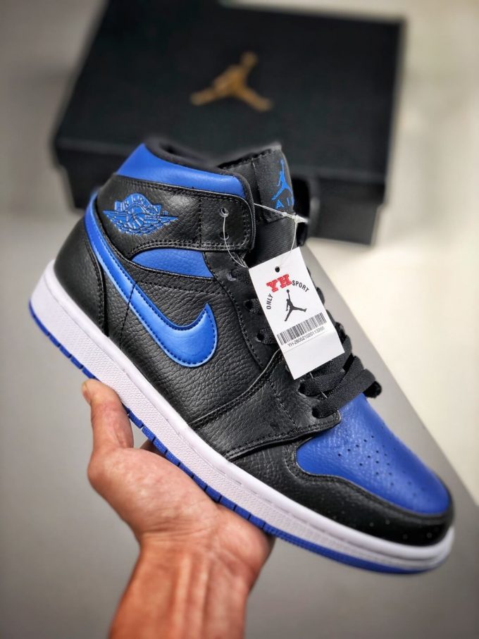 The Air Jordan 1 Mid Black Hyper Royal Sneaker Black Leather Upper Swoosh Royal Blue Nike Logo Wing Jumpman Repshoes 01