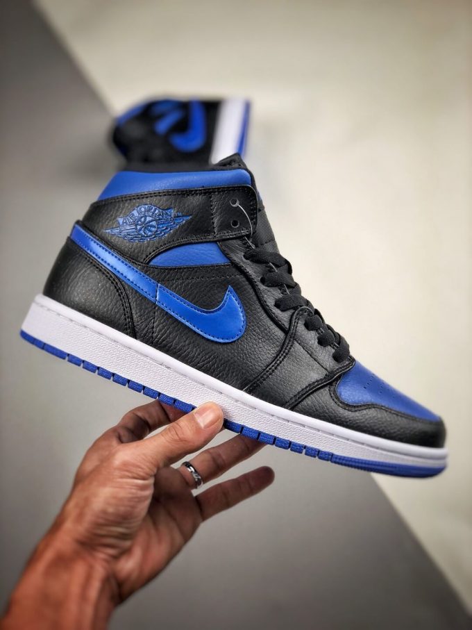 The Air Jordan 1 Mid Black Hyper Royal Sneaker Black Leather Upper Swoosh Royal Blue Nike Logo Wing Jumpman Repshoes 02