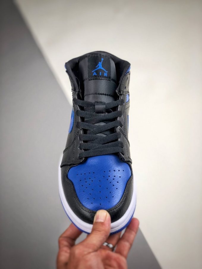 The Air Jordan 1 Mid Black Hyper Royal Sneaker Black Leather Upper Swoosh Royal Blue Nike Logo Wing Jumpman Repshoes 03