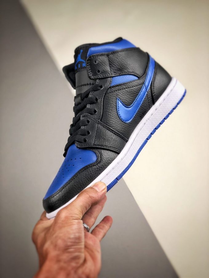 The Air Jordan 1 Mid Black Hyper Royal Sneaker Black Leather Upper Swoosh Royal Blue Nike Logo Wing Jumpman Repshoes 04