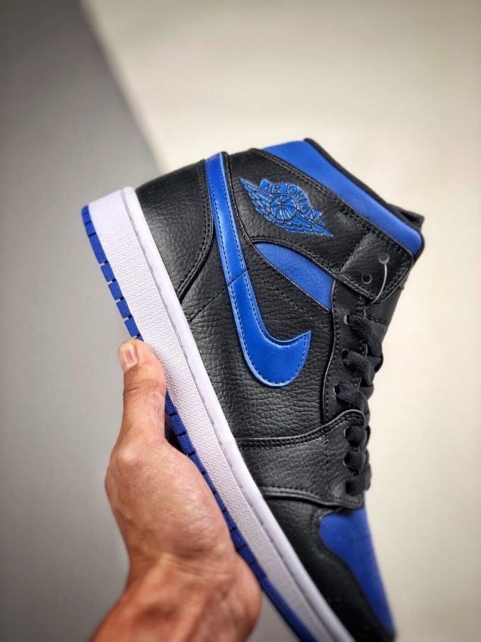 The Air Jordan 1 Mid Black Hyper Royal Sneaker Black Leather Upper Swoosh Royal Blue Nike Logo Wing Jumpman Repshoes 05