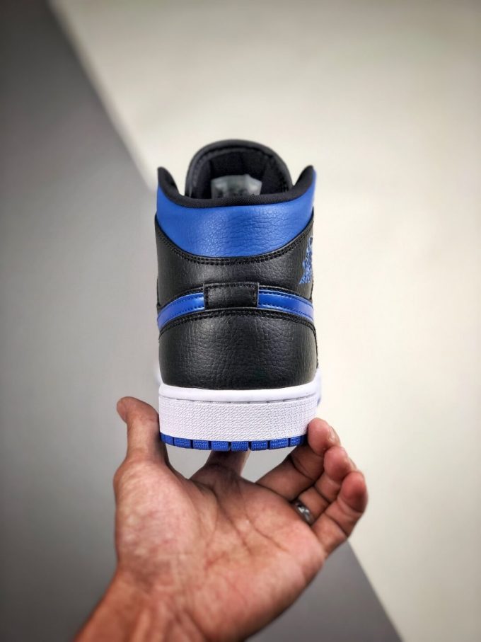 The Air Jordan 1 Mid Black Hyper Royal Sneaker Black Leather Upper Swoosh Royal Blue Nike Logo Wing Jumpman Repshoes 07