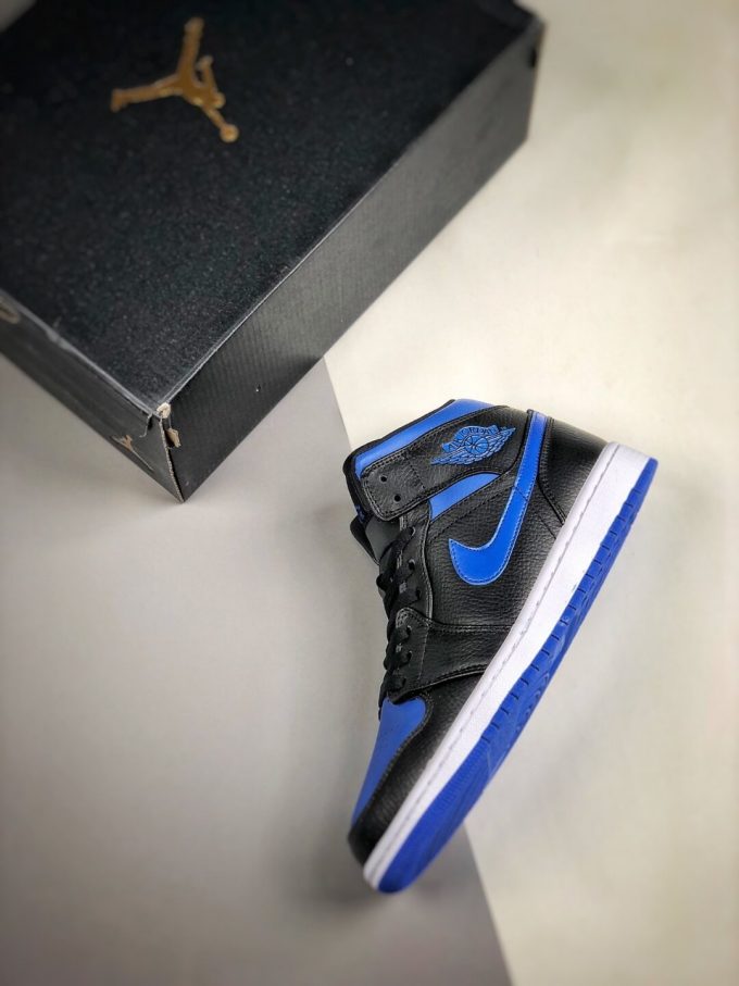 The Air Jordan 1 Mid Black Hyper Royal Sneaker Black Leather Upper Swoosh Royal Blue Nike Logo Wing Jumpman Repshoes 09