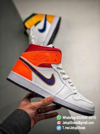 The Air Jordan 1 Mid GS White Court Purple Teal Repsneaker White Leather Upper Green Collar and Yellow Overlay 02