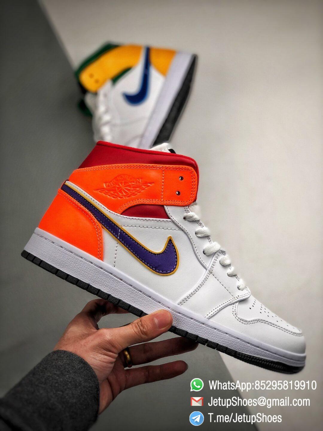 The Air Jordan 1 Mid GS White Court Purple Teal Repsneaker White Leather Upper Green Collar and Yellow Overlay 02