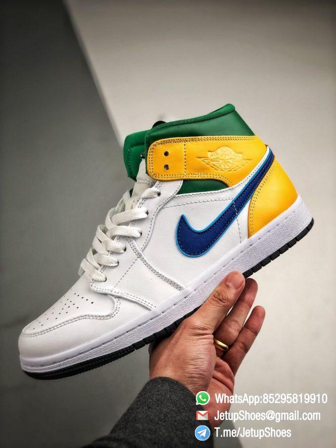 The Air Jordan 1 Mid GS White Court Purple Teal Repsneaker White Leather Upper Green Collar and Yellow Overlay 04