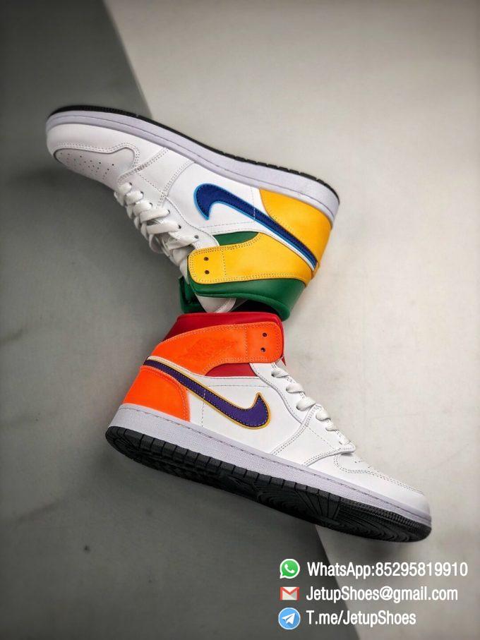 The Air Jordan 1 Mid GS White Court Purple Teal Repsneaker White Leather Upper Green Collar and Yellow Overlay 08