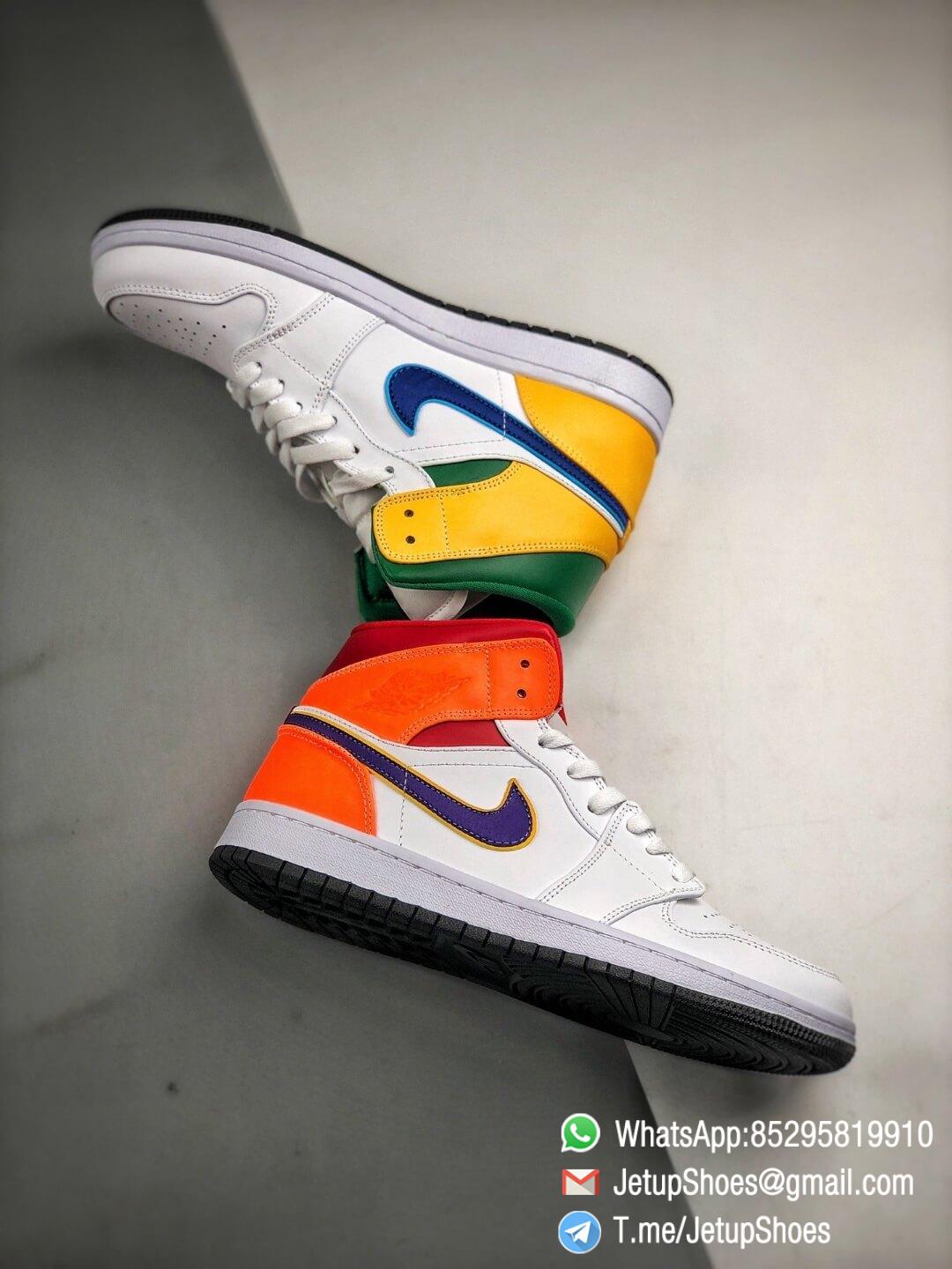 The Air Jordan 1 Mid GS White Court Purple Teal Repsneaker White Leather Upper Green Collar and Yellow Overlay 08