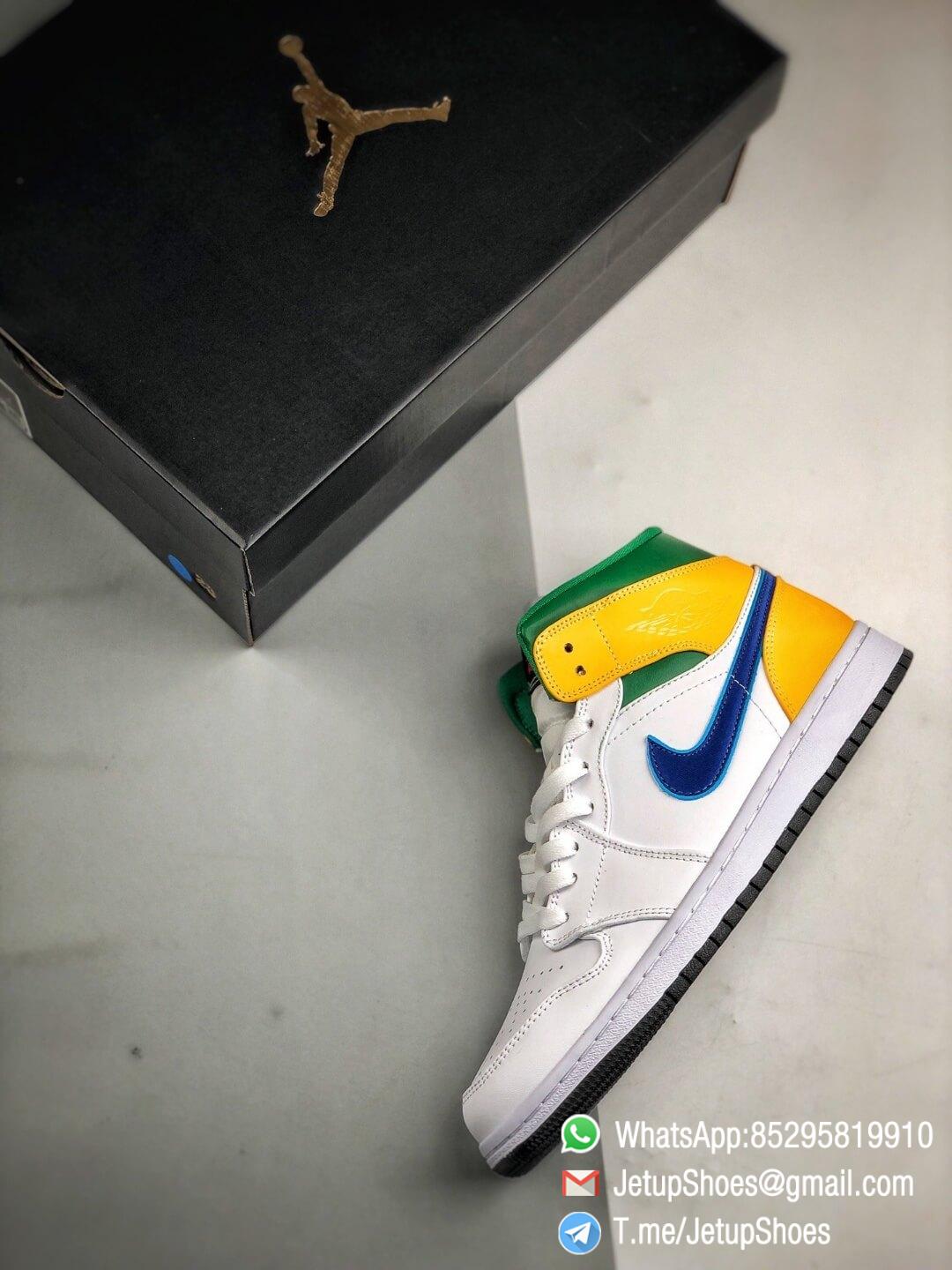 The Air Jordan 1 Mid GS White Court Purple Teal Repsneaker White Leather Upper Green Collar and Yellow Overlay 09
