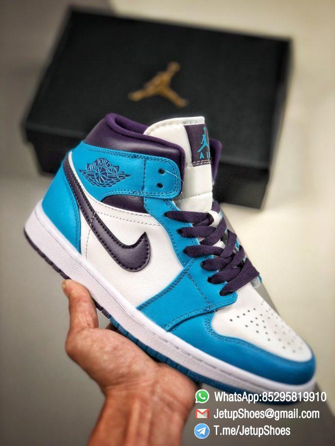 The Air Jordan 1 Mid Hornets Blue Lagoon and Grand Purple Leather Upper Jordan Wings Logo Repsneakers 01