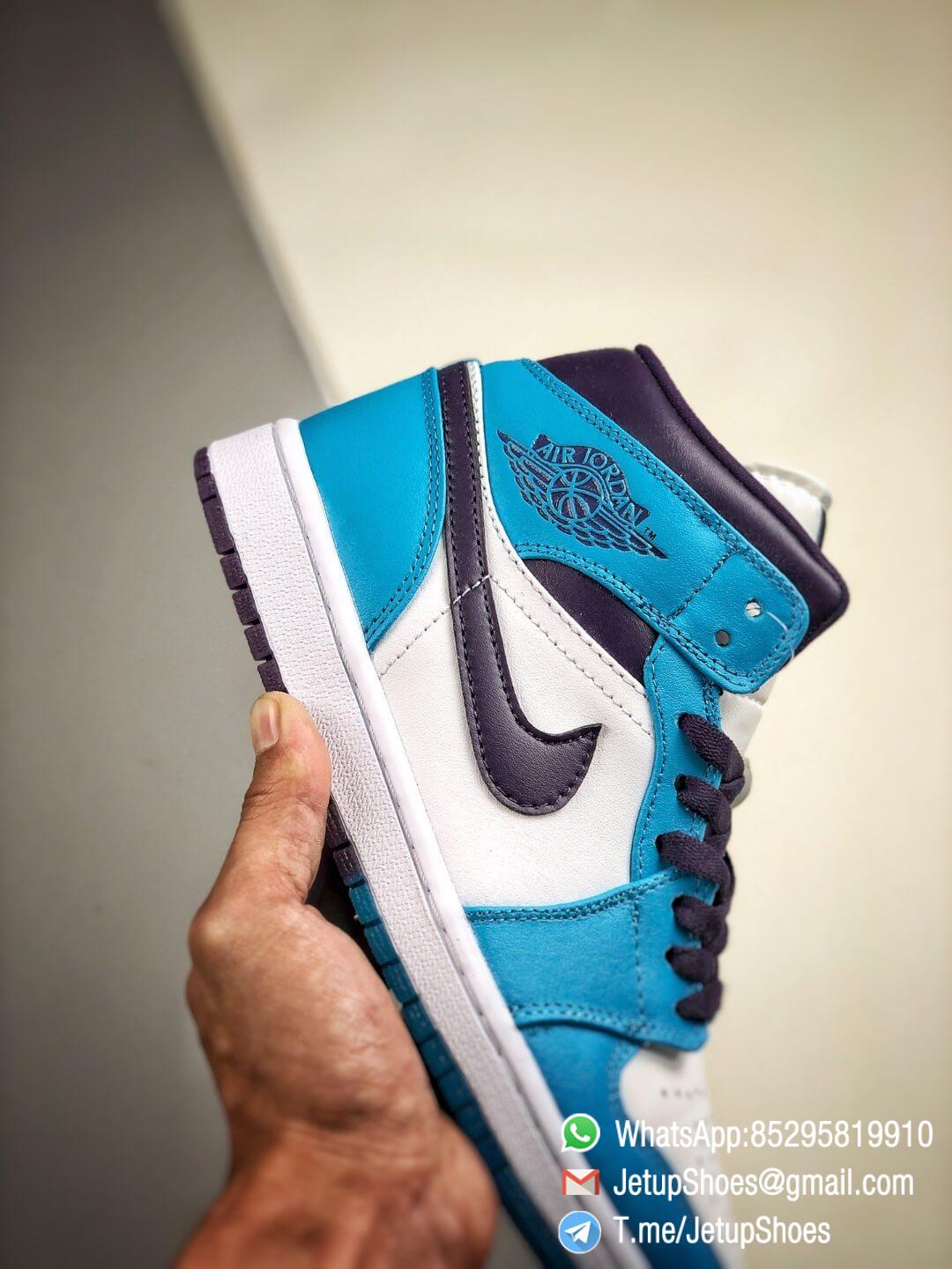 The Air Jordan 1 Mid Hornets Blue Lagoon and Grand Purple Leather Upper Jordan Wings Logo Repsneakers 05 The Air Jordan 1 Mid Hornets Blue Lagoon and Grand Purple Leather Upper Jordan Wings Logo Repsneakers 05