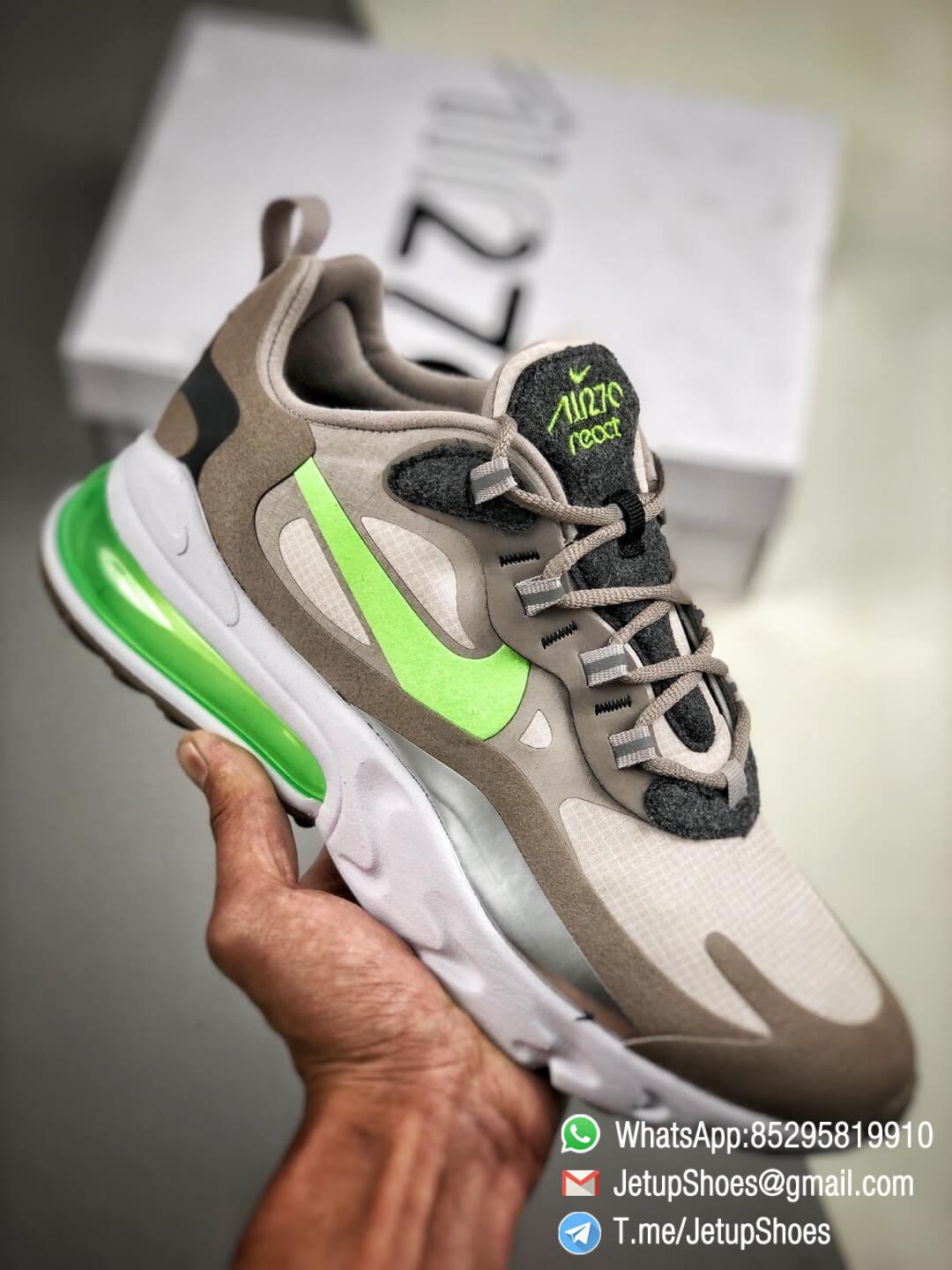 The Nike Air Max 270 React White Grey Silver Green RepSneaker Summit White Upper Grey Fringe Greey Nike Logo 01