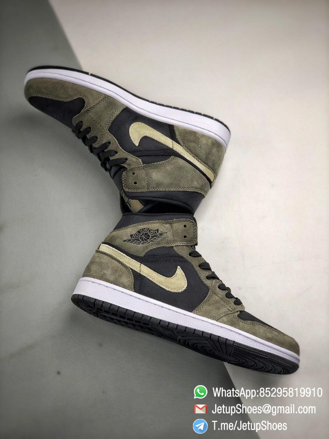 The Wmns Air Jordan 1 Mid ‘Olive’ Black Mesh Underlay Olive & Tan Suede ...