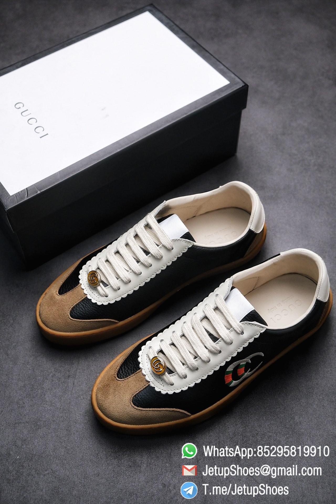 Gucci JBG Leather And Suede Mens Low top Sneaker Black Upper White Lace Guard Embroidered CC Applique Metal GG Lable Rubber Sole 01 1