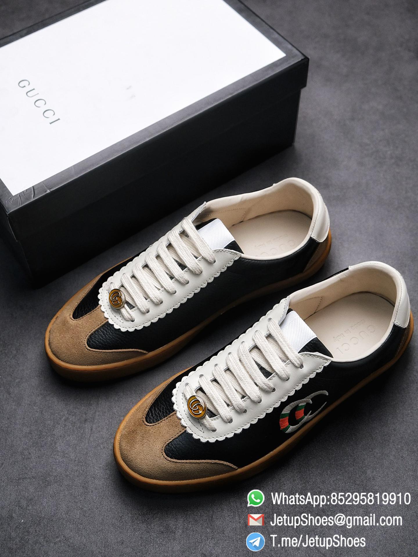Gucci JBG Leather And Suede Mens Low top Sneaker Black Upper White Lace Guard Embroidered CC Applique Metal GG Lable Rubber Sole 01 2 Gucci JBG Leather And Suede Mens Low top Sneaker Black Upper White Lace Guard Embroidered CC Applique Metal GG Lable Rubber Sole 01 2