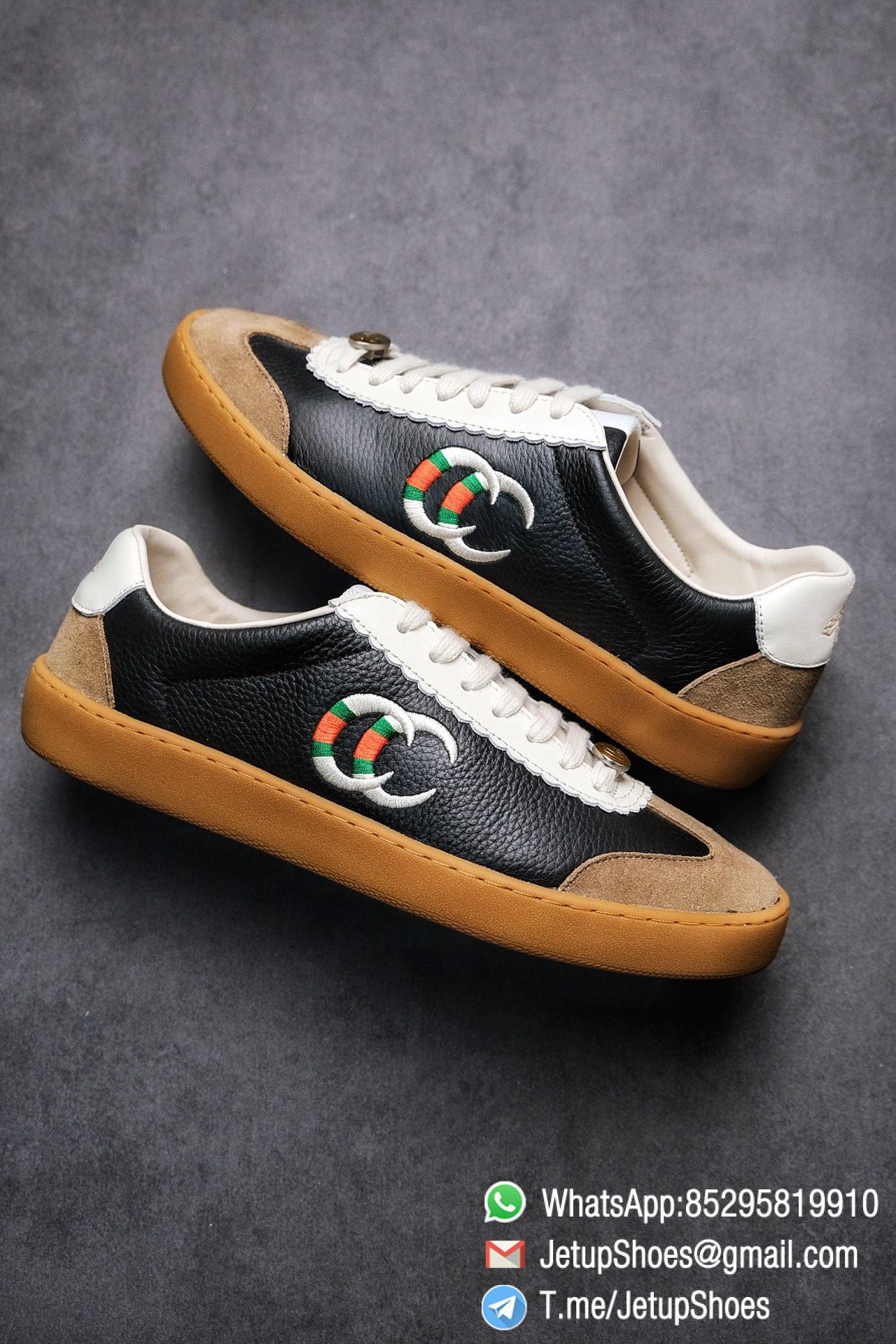 Gucci JBG Leather And Suede Mens Low top Sneaker Black Upper White Lace Guard Embroidered CC Applique Metal GG Lable Rubber Sole 03 1 Gucci JBG Leather And Suede Mens Low top Sneaker Black Upper White Lace Guard Embroidered CC Applique Metal GG Lable Rubber Sole 03 1