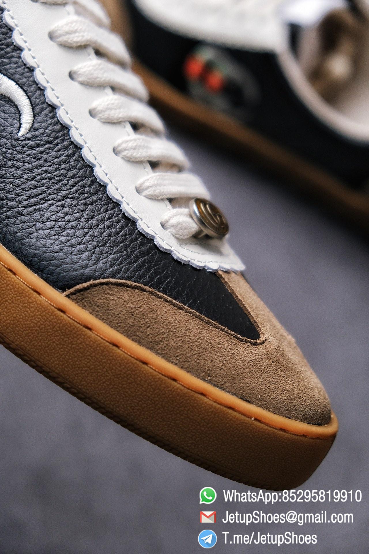 Gucci JBG Leather And Suede Mens Low top Sneaker Black Upper White Lace Guard Embroidered CC Applique Metal GG Lable Rubber Sole 06 1 Gucci JBG Leather And Suede Mens Low top Sneaker Black Upper White Lace Guard Embroidered CC Applique Metal GG Lable Rubber Sole 06 1