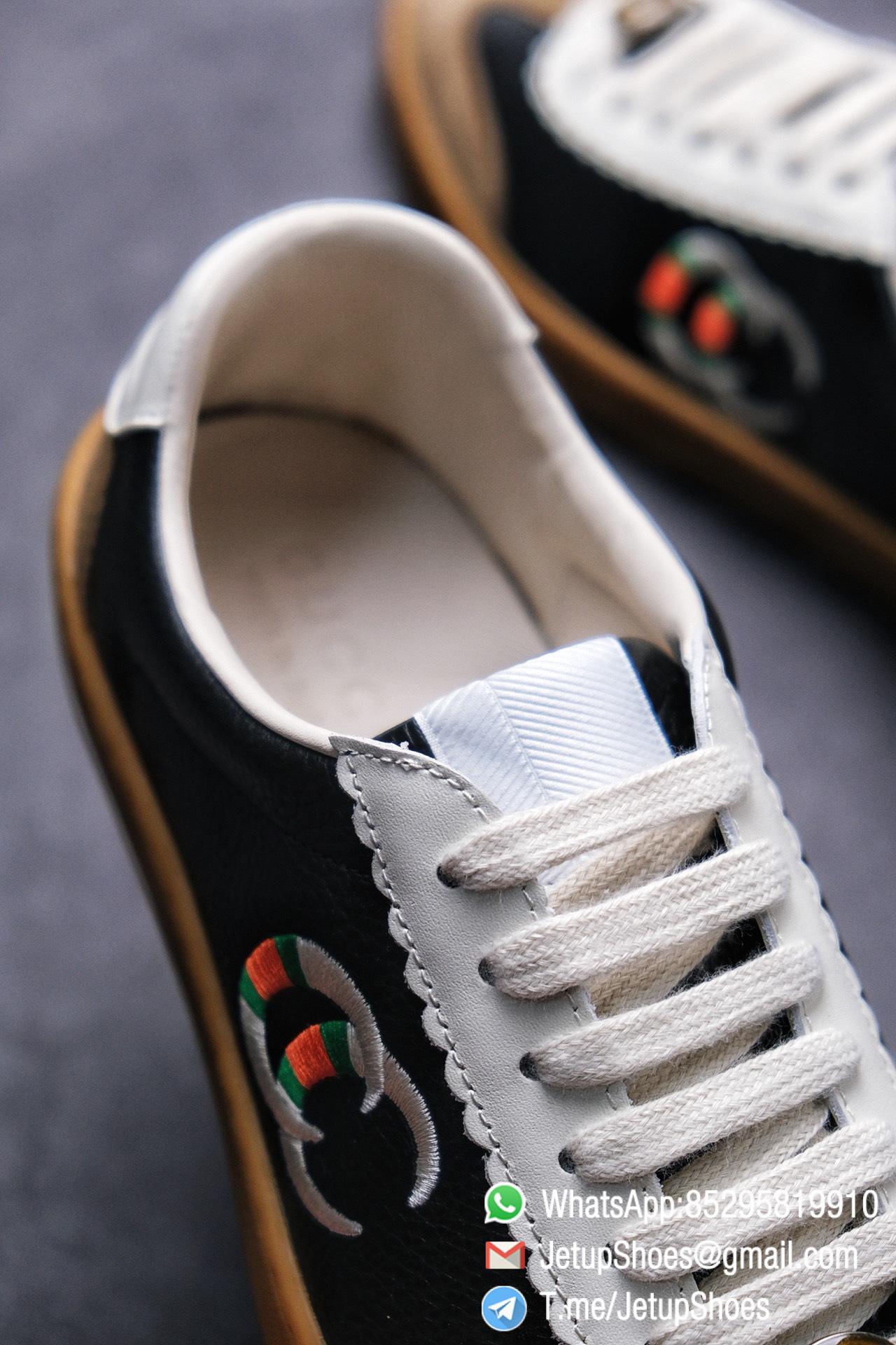 Gucci JBG Leather And Suede Mens Low top Sneaker Black Upper White Lace Guard Embroidered CC Applique Metal GG Lable Rubber Sole 07 1 Gucci JBG Leather And Suede Mens Low top Sneaker Black Upper White Lace Guard Embroidered CC Applique Metal GG Lable Rubber Sole 07 1