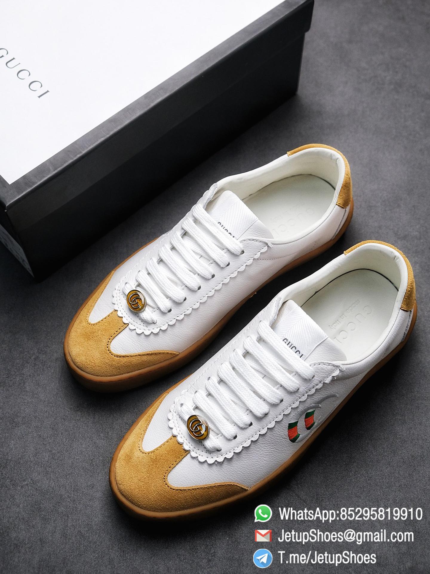 Gucci JBG Leather And Suede Mens Low top Sneaker White Upper White Green Red Embroidered Double C Applique GG Lable Rubber Sole 01 2 Gucci JBG Leather And Suede Mens Low top Sneaker White Upper White Green Red Embroidered Double C Applique GG Lable Rubber Sole 01 2