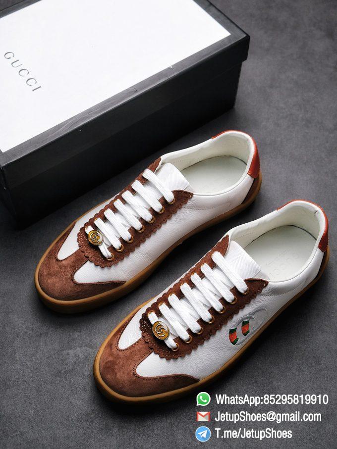 Gucci JBG Leather And Suede Sneaker Brown White Upper Lace Guard White Green Red Embroidered GG Rubber Sole 01 1