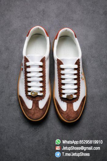 Gucci JBG Leather And Suede Sneaker Brown White Upper Lace Guard White Green Red Embroidered GG Rubber Sole 02