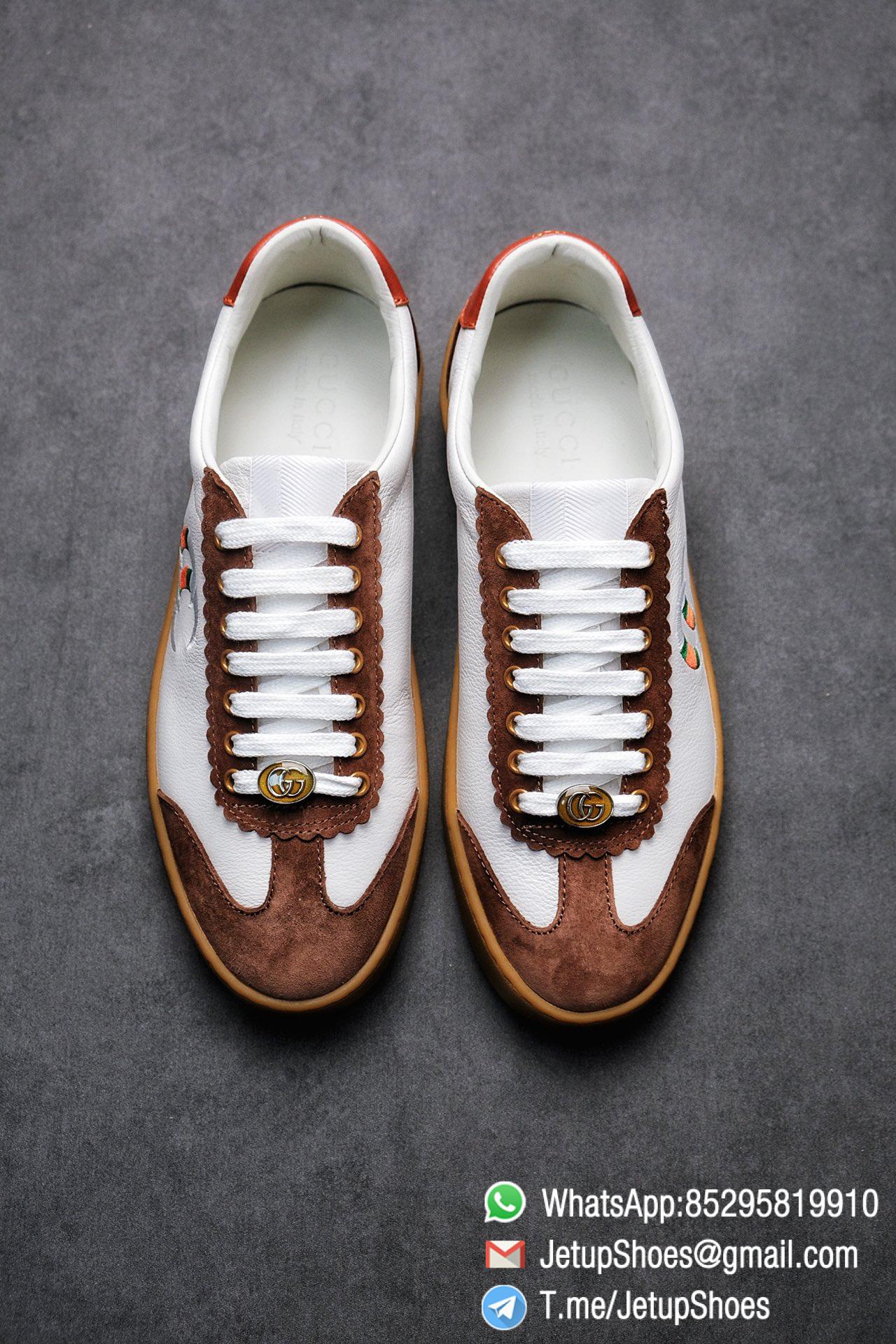 Gucci JBG Leather And Suede Sneaker Brown White Upper Lace Guard White Green Red Embroidered GG Rubber Sole 02 Gucci JBG Leather And Suede Sneaker Brown White Upper Lace Guard White Green Red Embroidered GG Rubber Sole 02