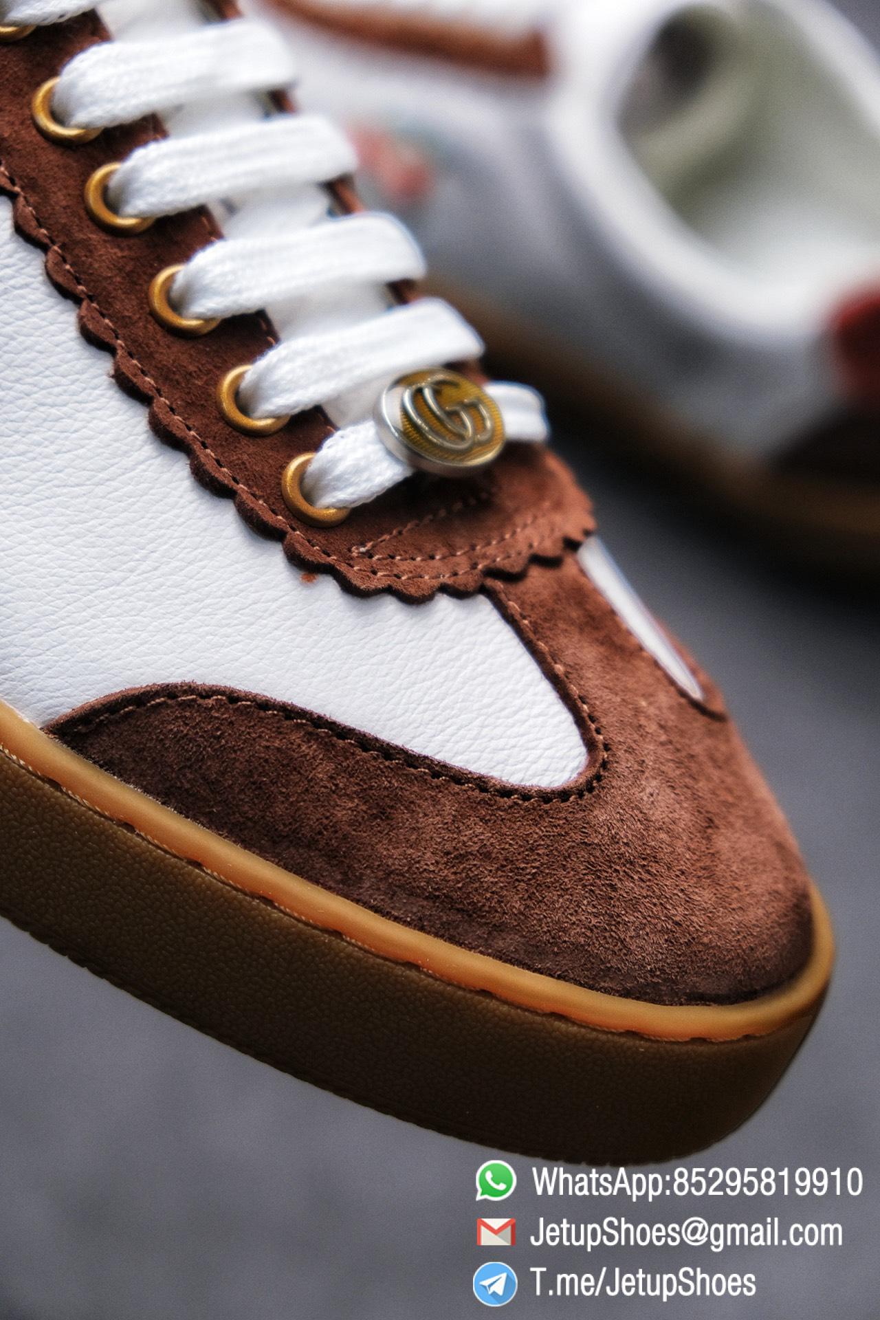 Gucci JBG Leather And Suede Sneaker Brown White Upper Lace Guard White Green Red Embroidered GG Rubber Sole 03 Gucci JBG Leather And Suede Sneaker Brown White Upper Lace Guard White Green Red Embroidered GG Rubber Sole 03