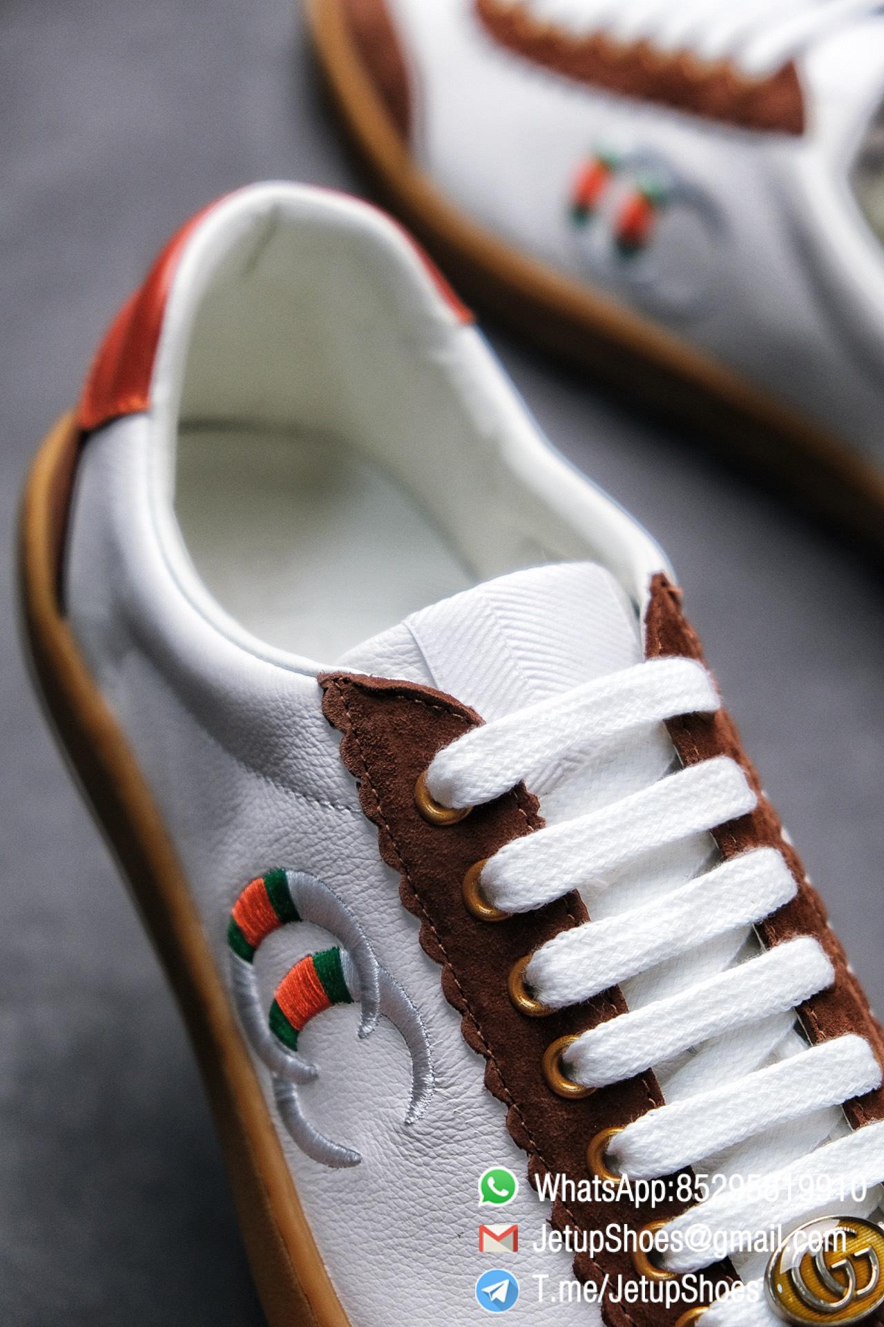 Gucci JBG Leather And Suede Sneaker Brown White Upper Lace Guard White Green Red Embroidered GG Rubber Sole 05 Gucci JBG Leather And Suede Sneaker Brown White Upper Lace Guard White Green Red Embroidered GG Rubber Sole 05