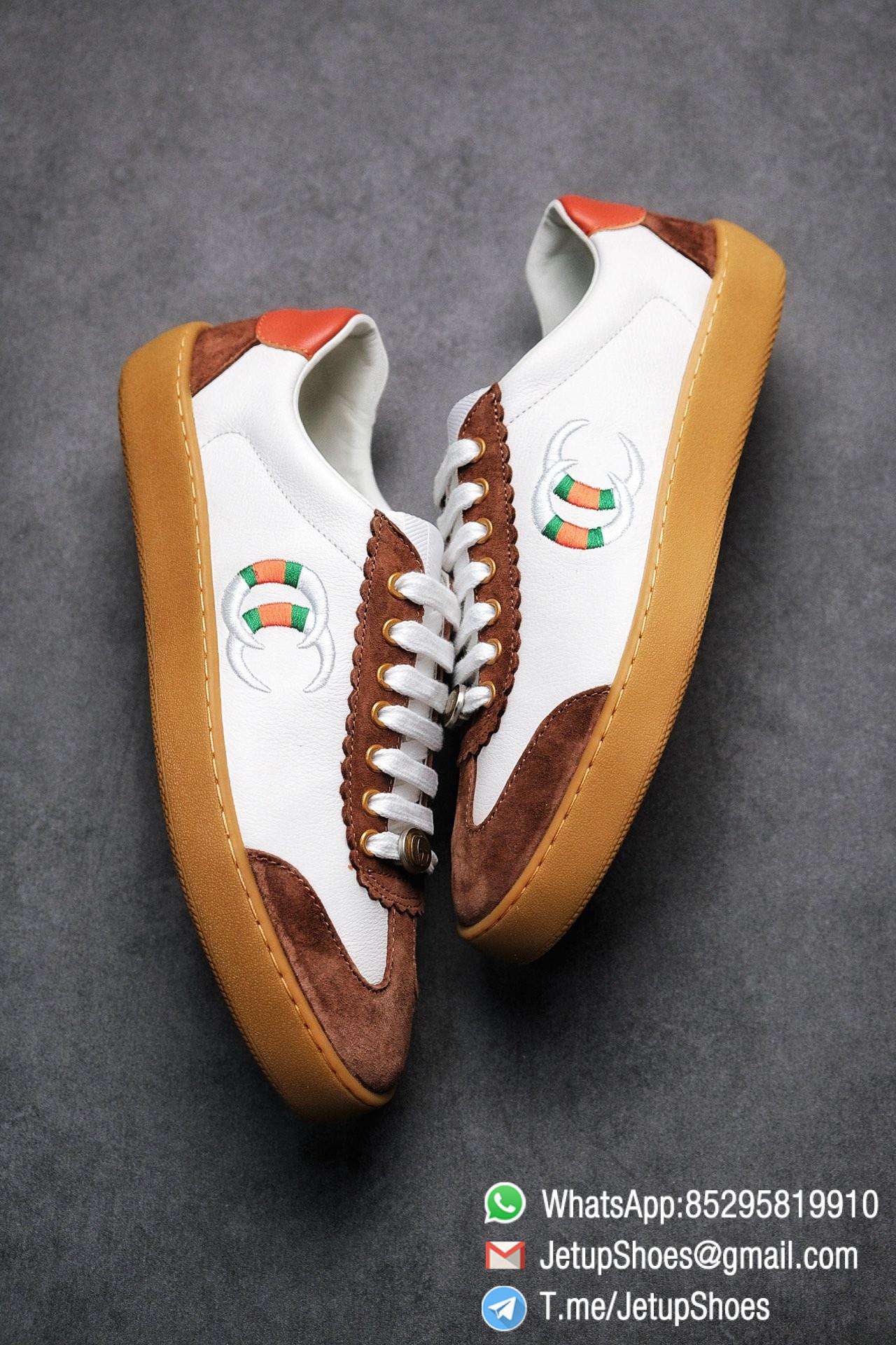 Gucci JBG Leather And Suede Sneaker Brown White Upper Lace Guard White Green Red Embroidered GG Rubber Sole 08 Gucci JBG Leather And Suede Sneaker Brown White Upper Lace Guard White Green Red Embroidered GG Rubber Sole 08