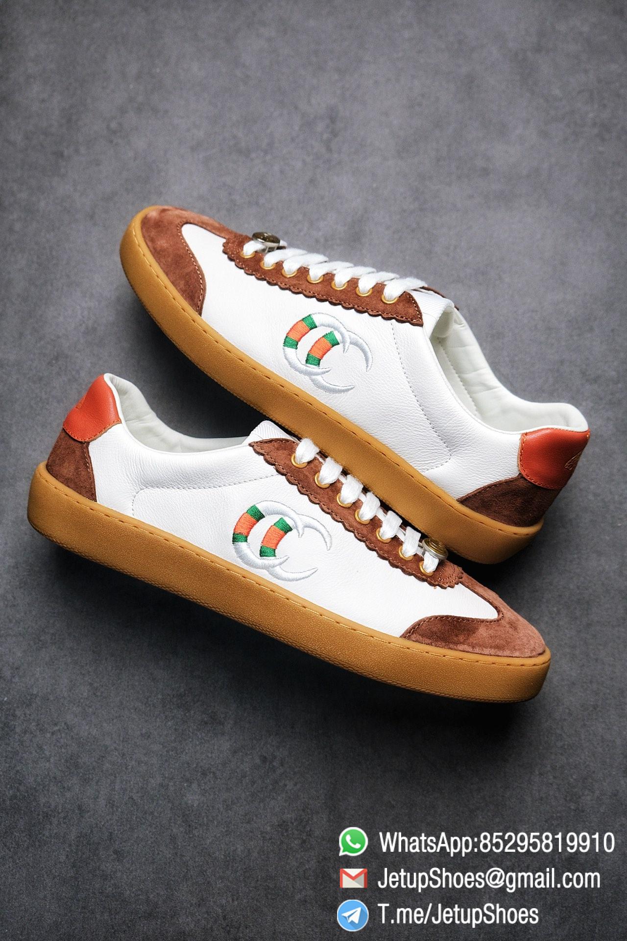Gucci JBG Leather And Suede Sneaker Brown White Upper Lace Guard White Green Red Embroidered GG Rubber Sole 09