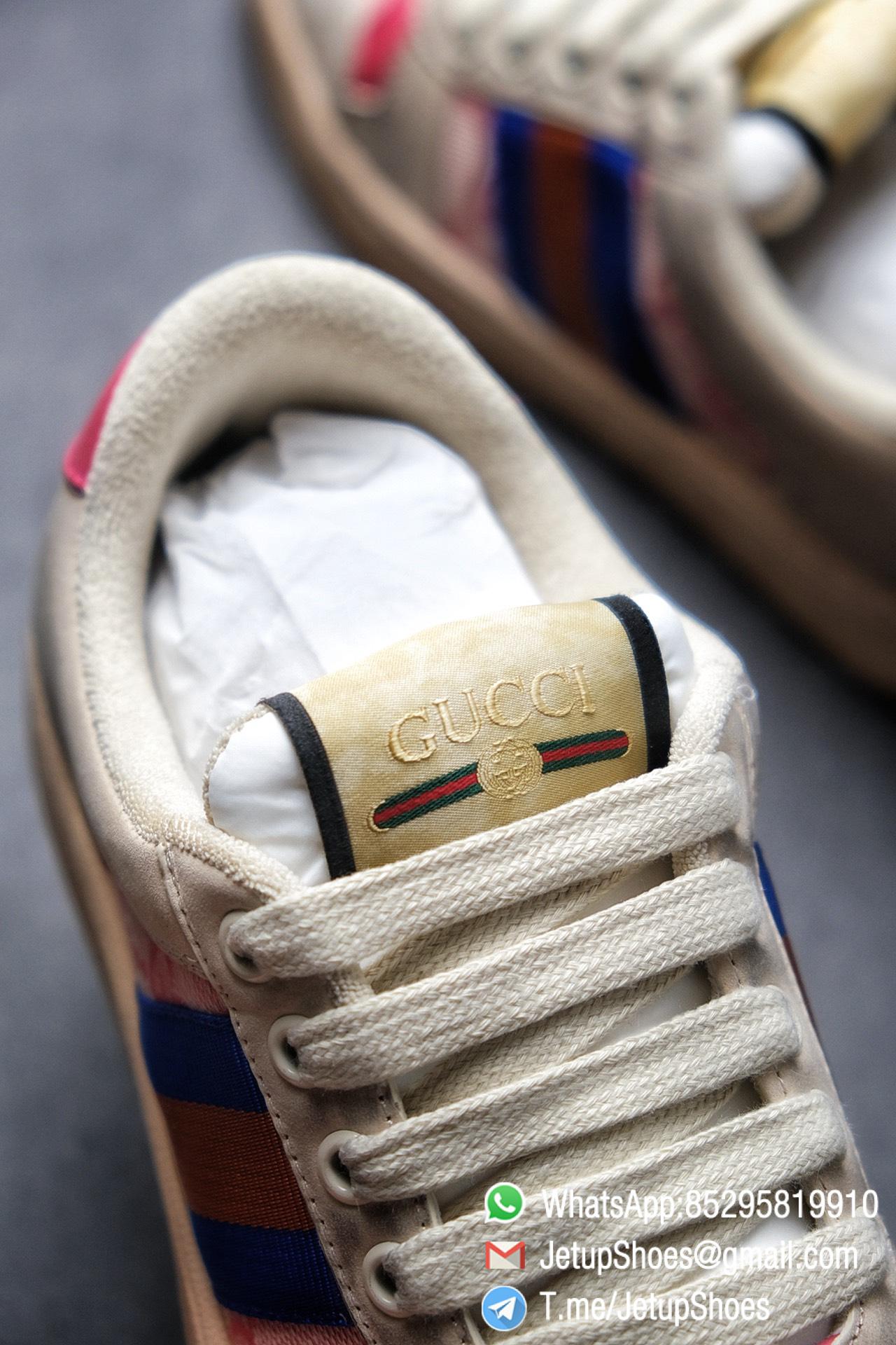 Gucci Women's Pink Screener Leather Sneaker Butter Leather Blue and orange Web effect GG Canvas Vintage Sneakers 010