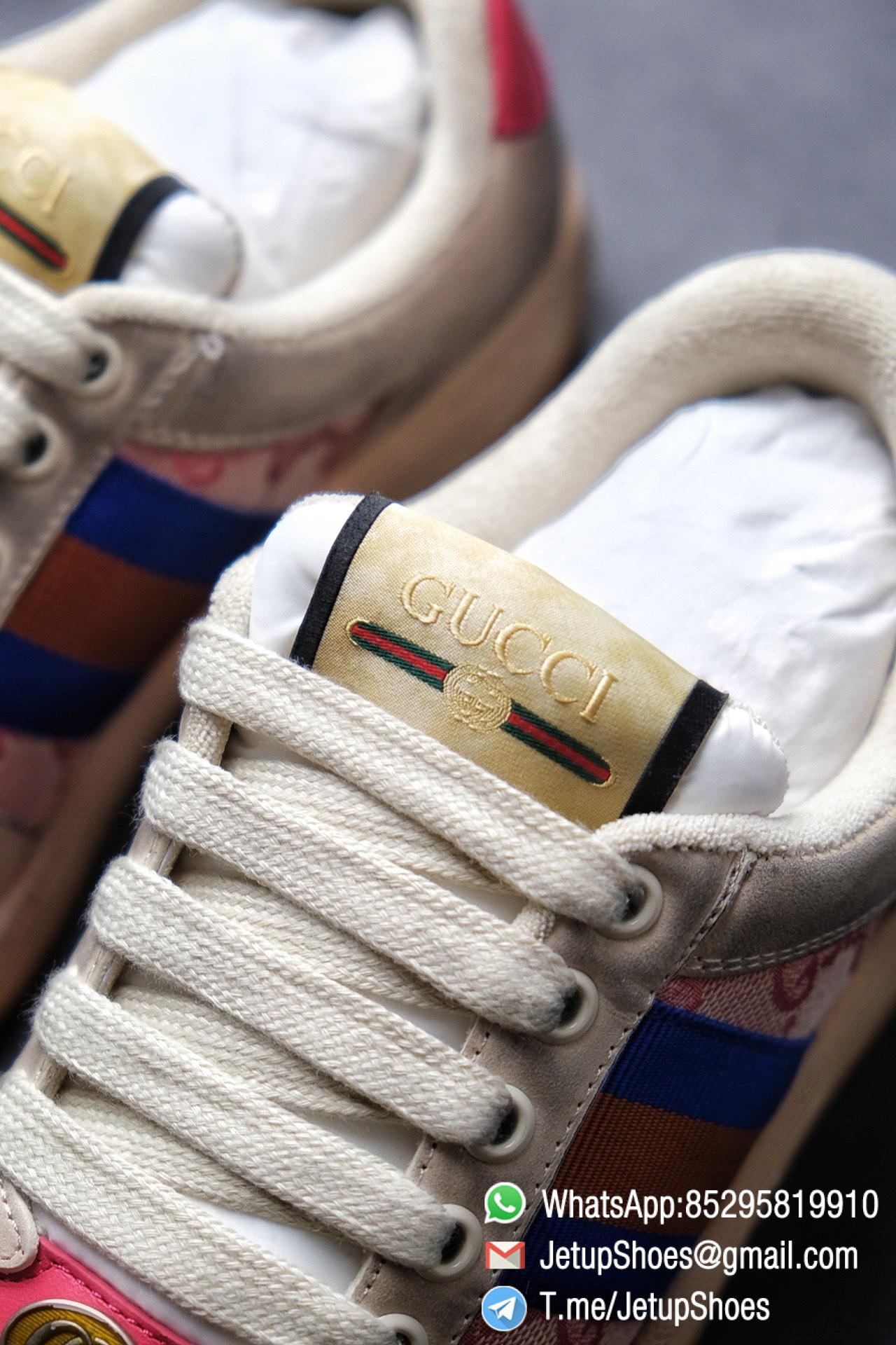 Gucci Women's Pink Screener Leather Sneaker Butter Leather Blue and orange Web effect GG Canvas Vintage Sneakers 012
