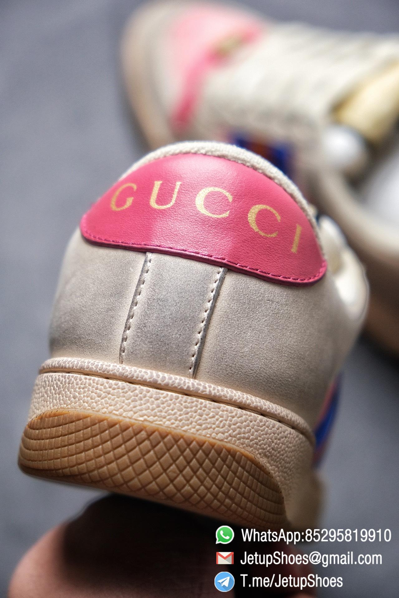 Gucci Women's Pink Screener Leather Sneaker Butter Leather Blue and orange Web effect GG Canvas Vintage Sneakers 013