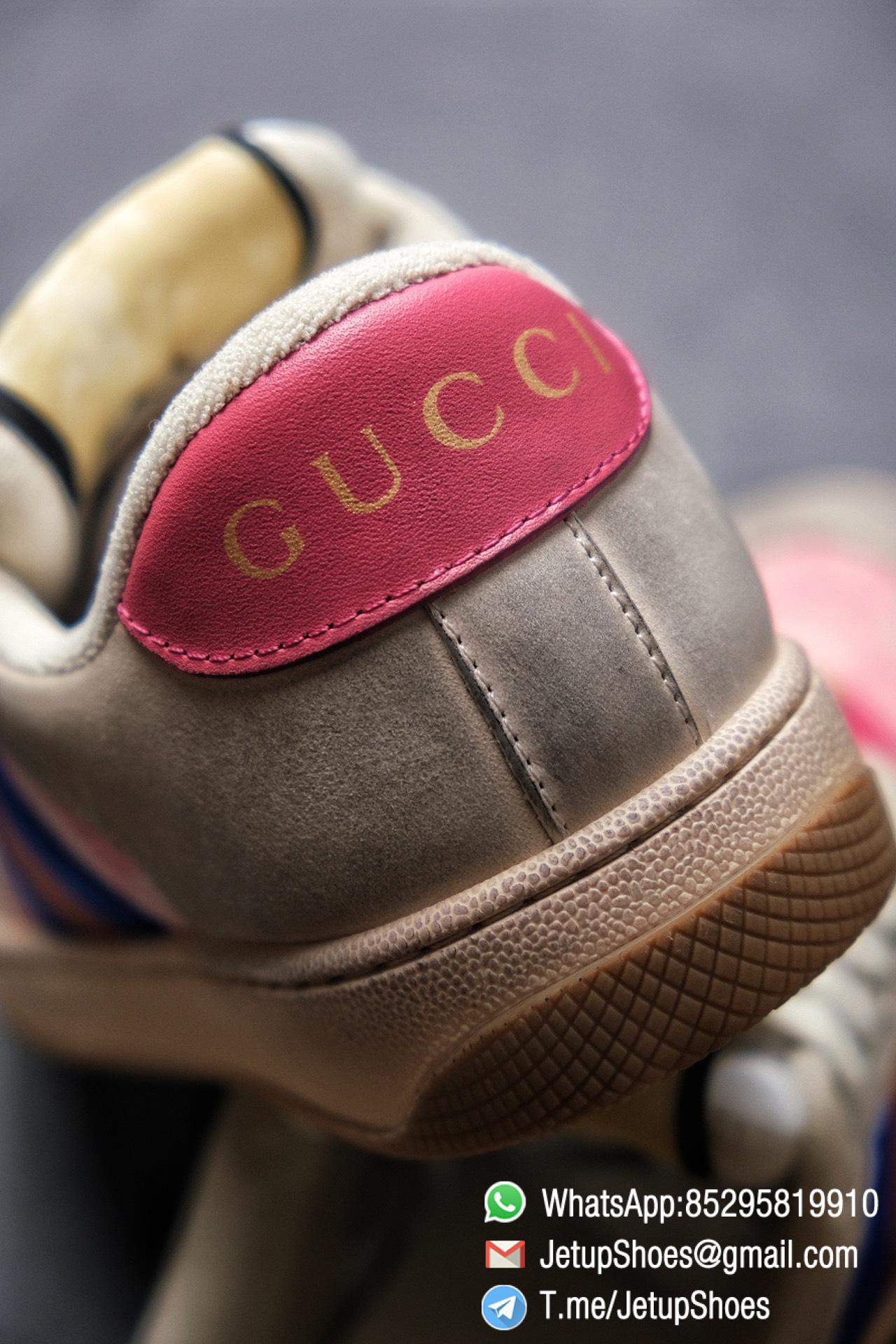 Gucci Women's Pink Screener Leather Sneaker Butter Leather Blue and orange Web effect GG Canvas Vintage Sneakers 014