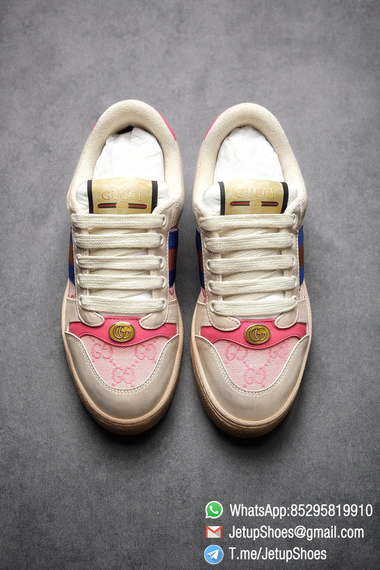 Gucci Women's Pink Screener Leather Sneaker Butter Leather Blue and orange Web effect GG Canvas Vintage Sneakers 02
