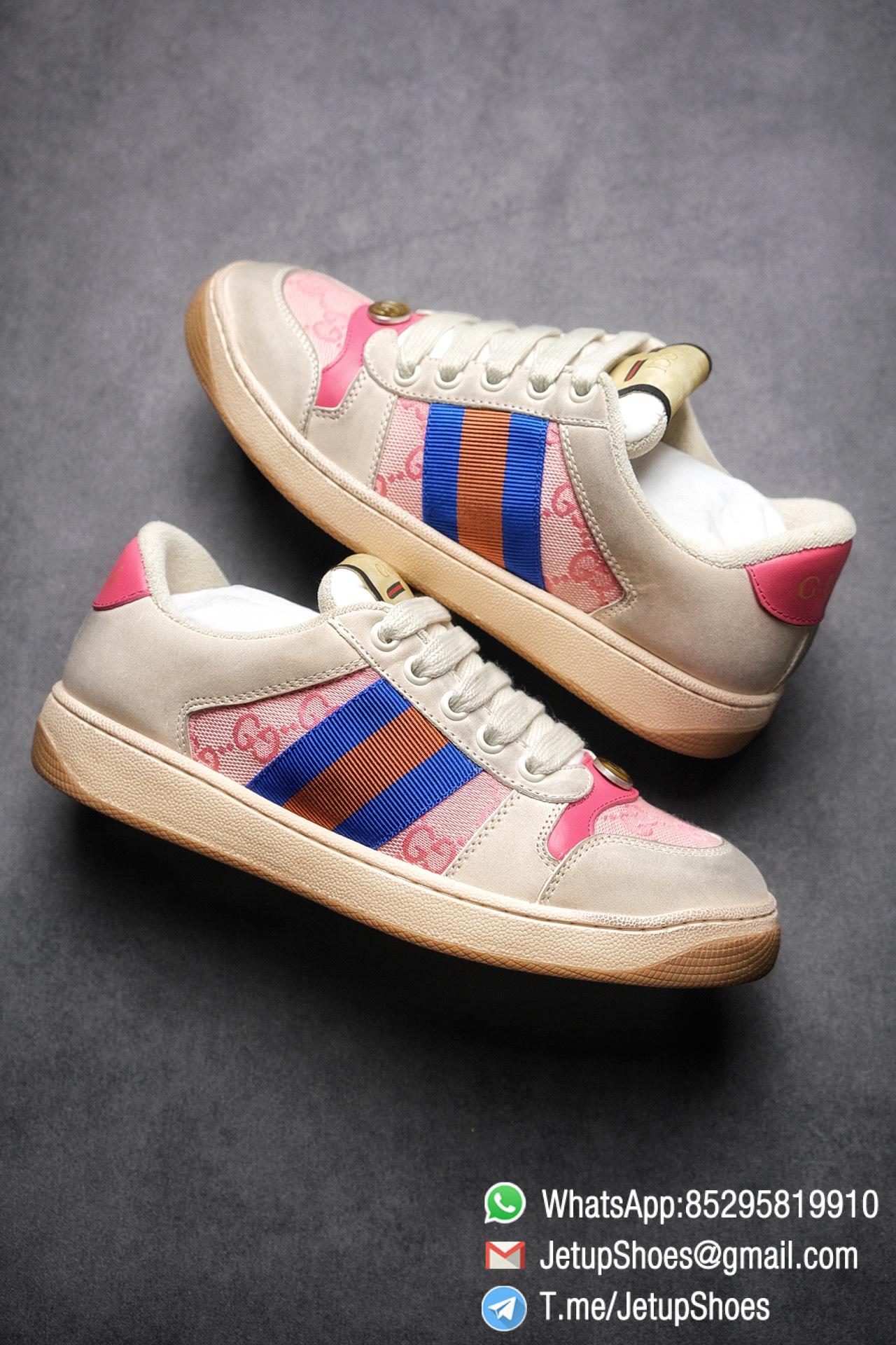 Gucci Women's Pink Screener Leather Sneaker Butter Leather Blue and orange Web effect GG Canvas Vintage Sneakers 03