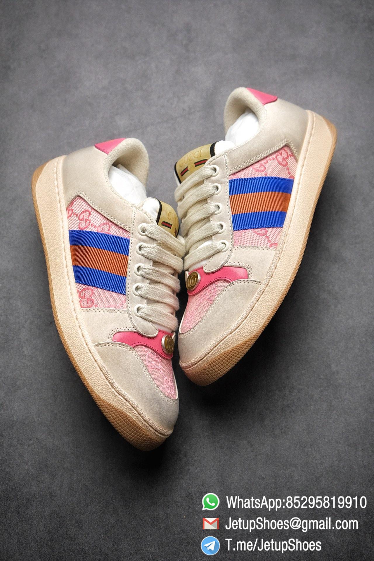 Gucci Women's Pink Screener Leather Sneaker Butter Leather Blue and orange Web effect GG Canvas Vintage Sneakers 04