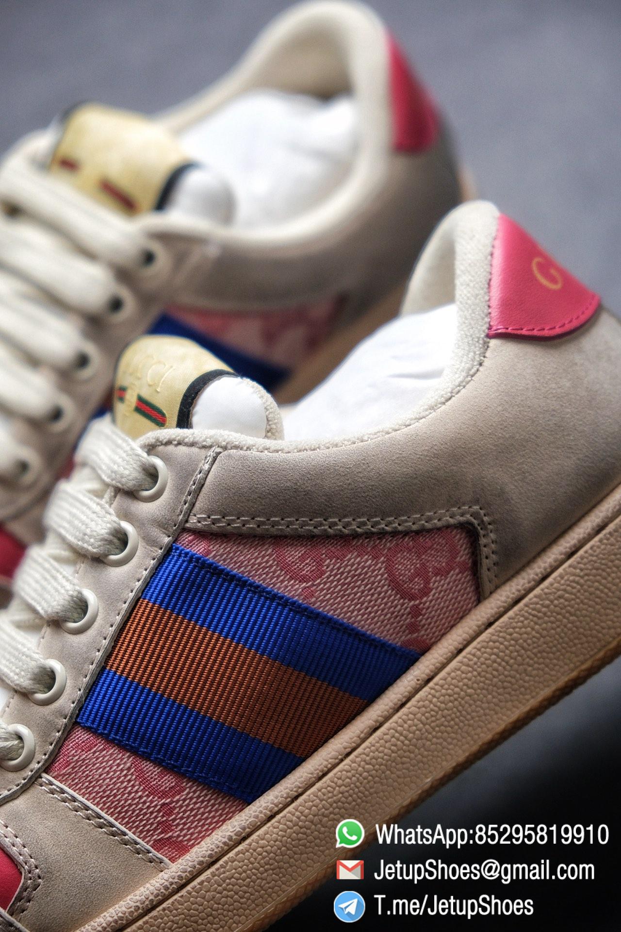 Gucci Women's Pink Screener Leather Sneaker Butter Leather Blue and orange Web effect GG Canvas Vintage Sneakers 05