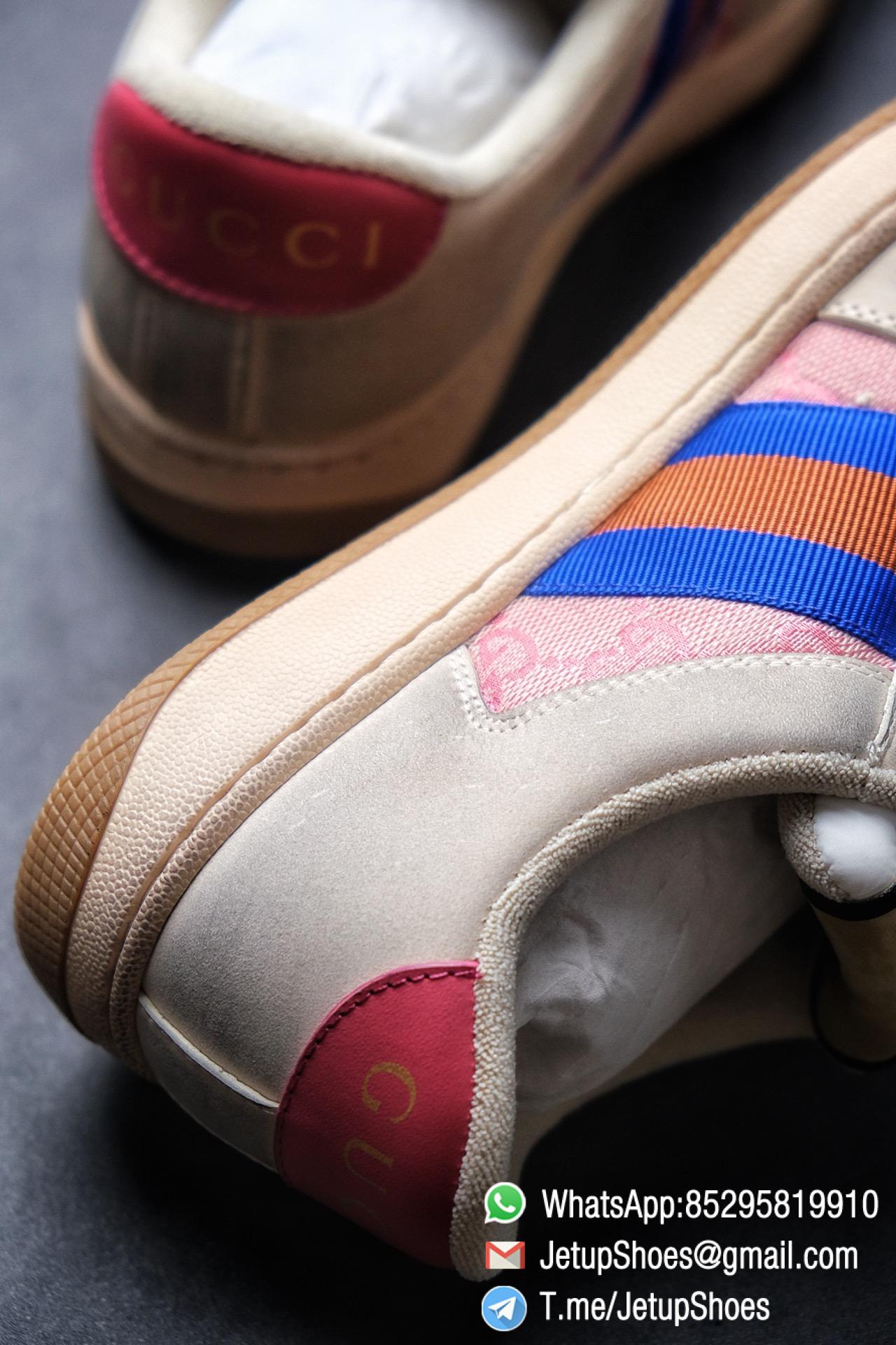 Gucci Women's Pink Screener Leather Sneaker Butter Leather Blue and orange Web effect GG Canvas Vintage Sneakers 06