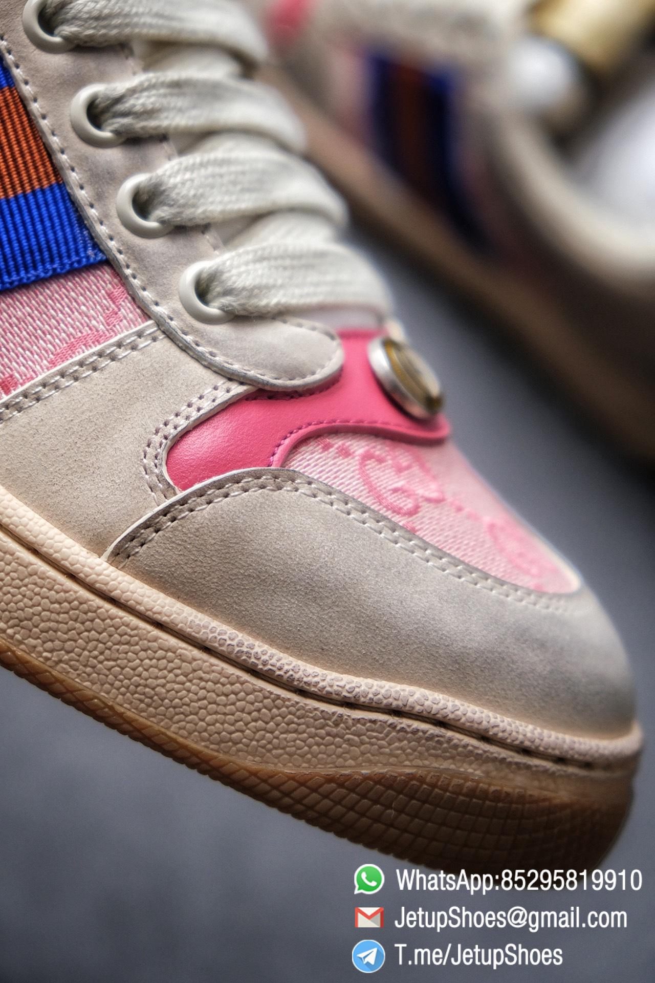 Gucci Women's Pink Screener Leather Sneaker Butter Leather Blue and orange Web effect GG Canvas Vintage Sneakers 08