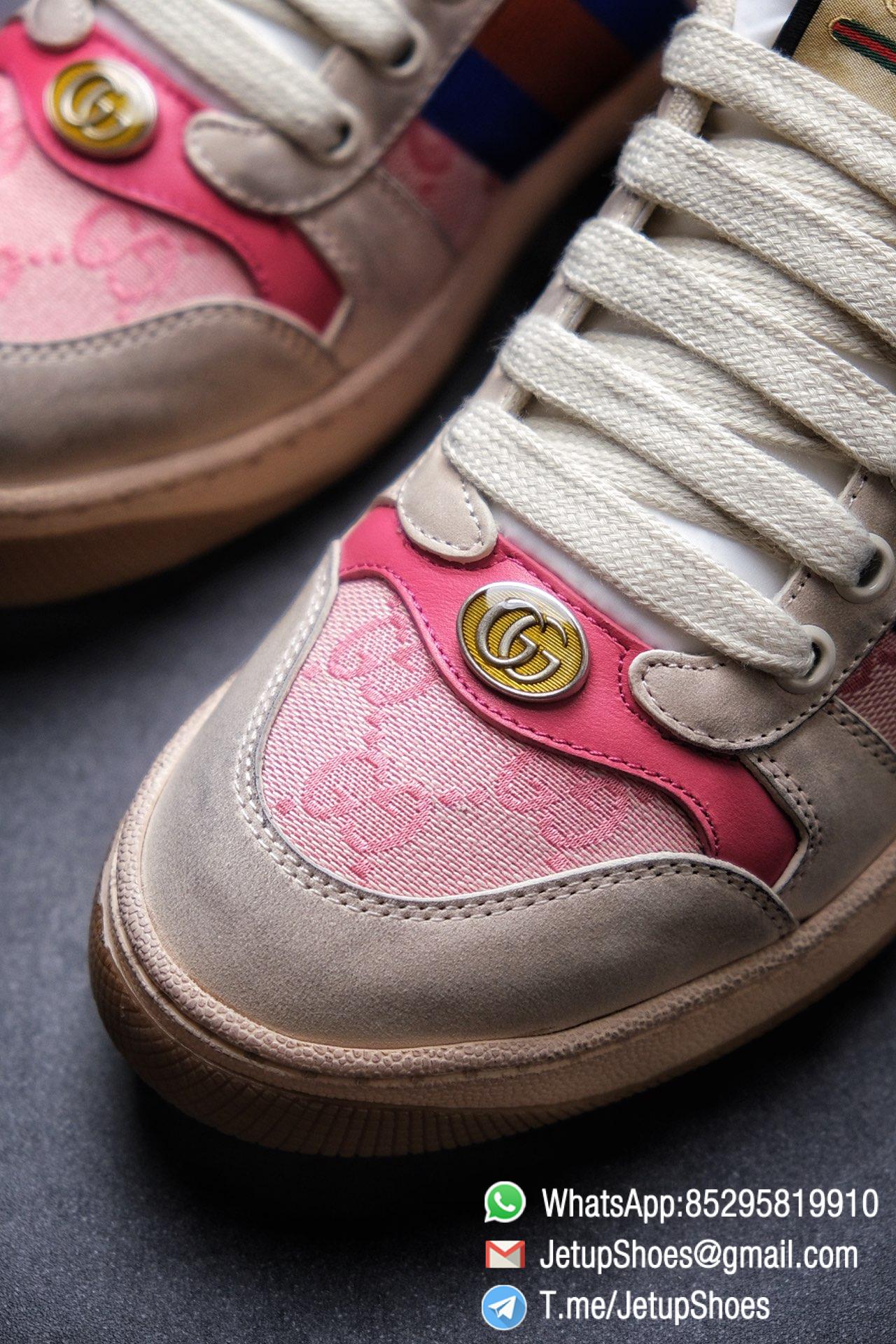 Gucci Women's Pink Screener Leather Sneaker Butter Leather Blue and orange Web effect GG Canvas Vintage Sneakers 09
