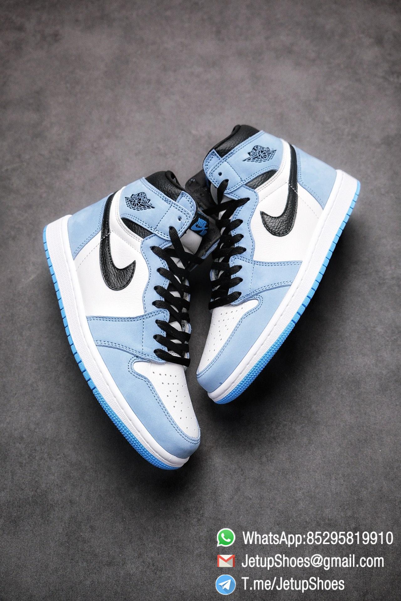 Replica Snkrs Air Jordan 1 Retro High Og University Blue Leather White Upper Blue Overlays Black Signature Swoosh Sku 5550 134 The Quality Replica Sneakers Supplier In China