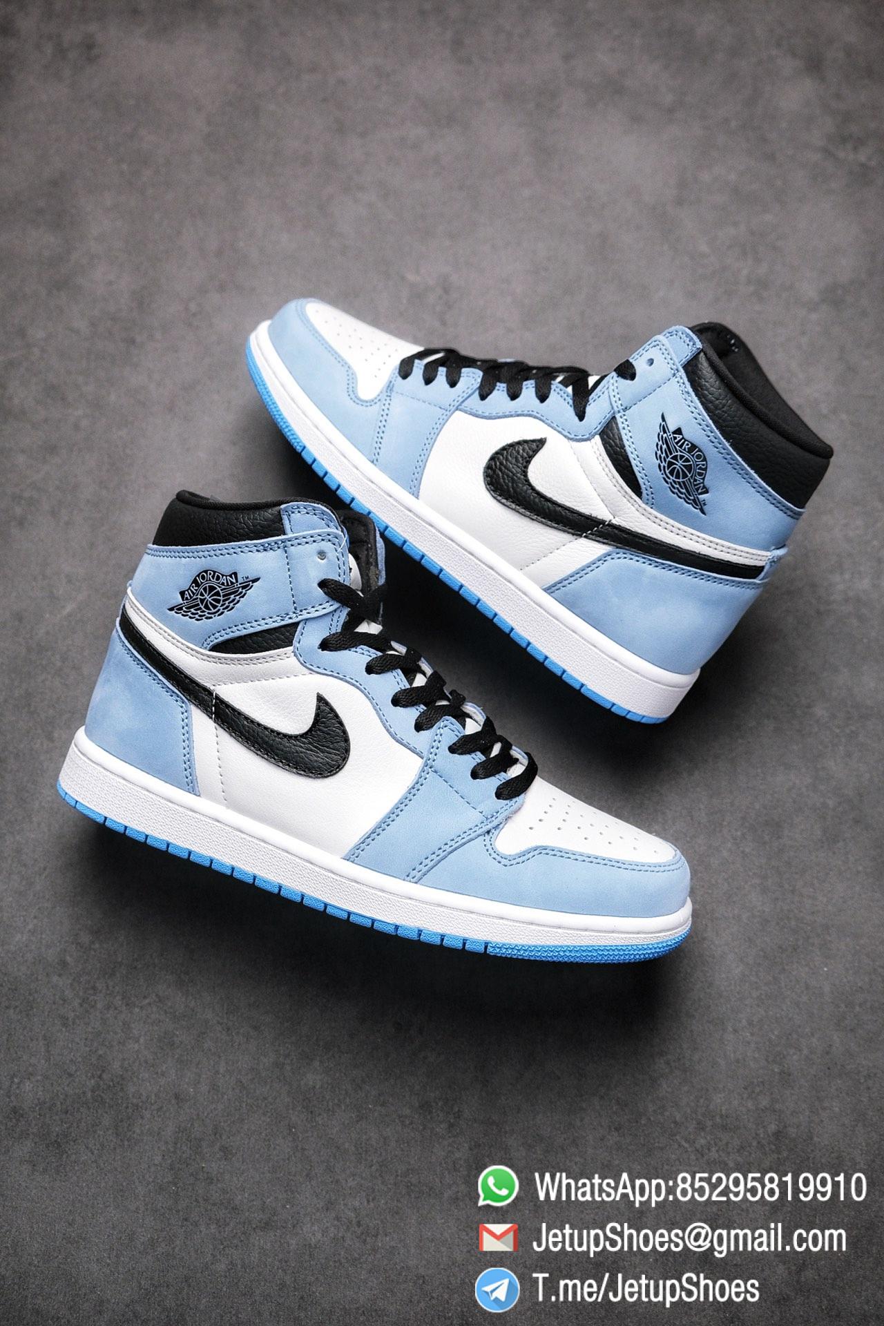 Replica Snkrs Air Jordan 1 Retro High Og University Blue Leather White Upper Blue Overlays Black Signature Swoosh Sku 5550 134 The Quality Replica Sneakers Supplier In China