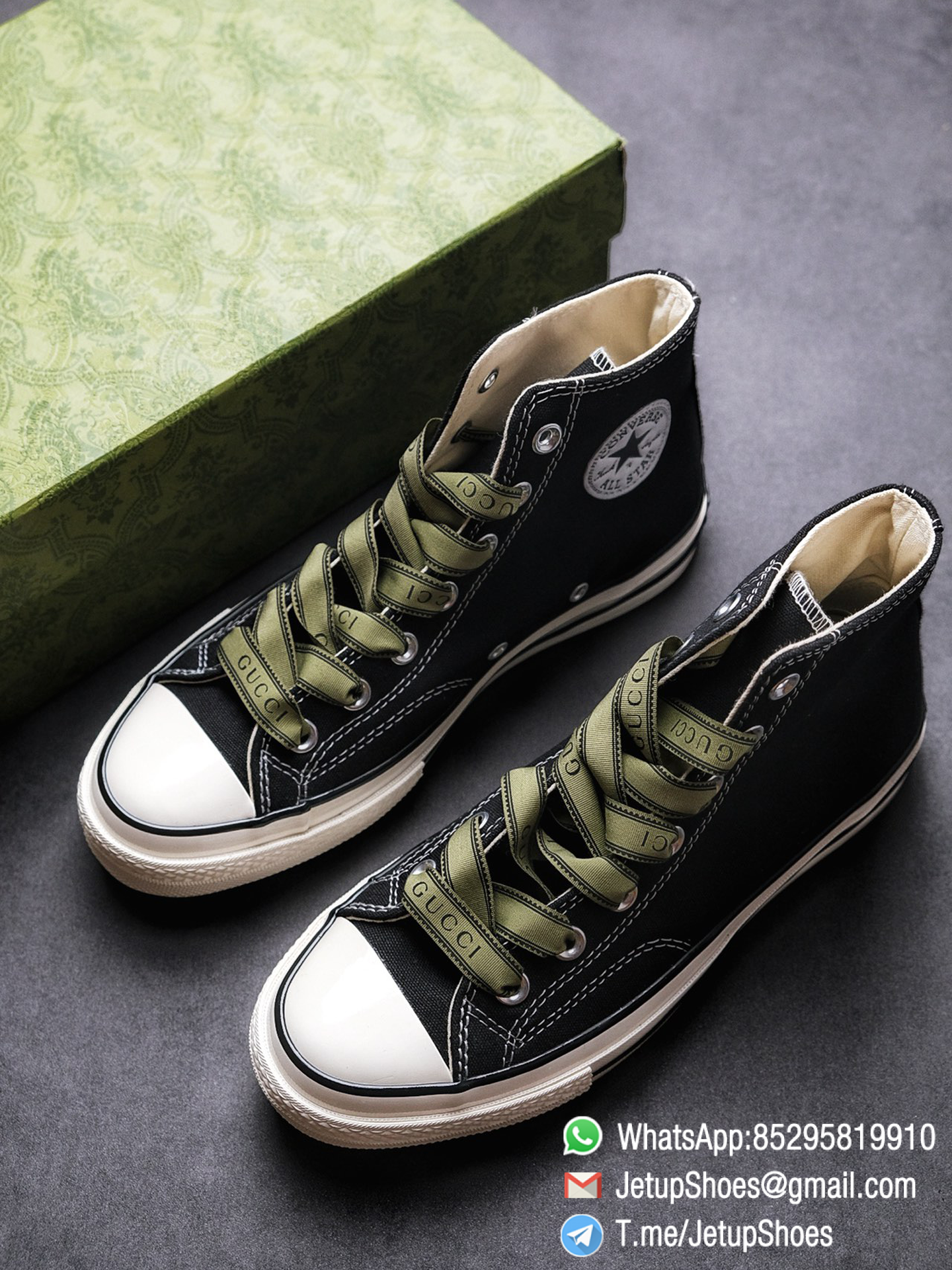 Womens Converse x Gucci Tennis 1970S High Top Sneaker Vintage Inspired Green Shoelace Black 2021 Spring 00 Womens Converse x Gucci Tennis 1970S High Top Sneaker Vintage Inspired Green Shoelace Black 2021 Spring 00
