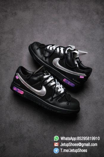 Off White x Nike Dunk Low THE 50 Jet black Leather Construction Metallic Silver Swoosh Relays Best Replica Sneakers 01