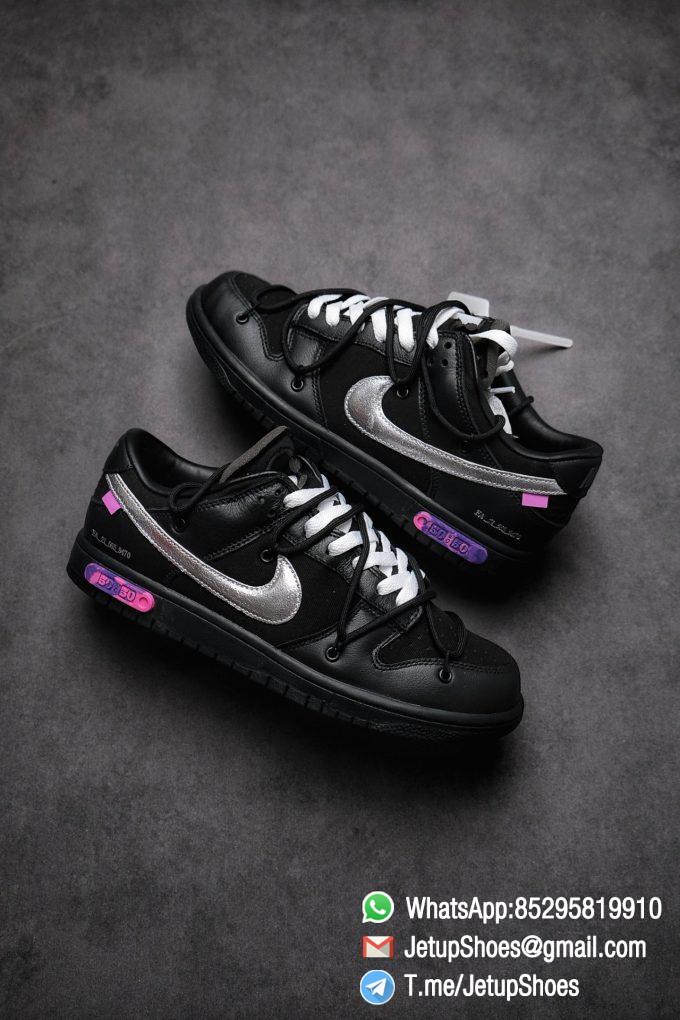 Off White x Nike Dunk Low THE 50 Jet black Leather Construction Metallic Silver Swoosh Relays Best Replica Sneakers 01