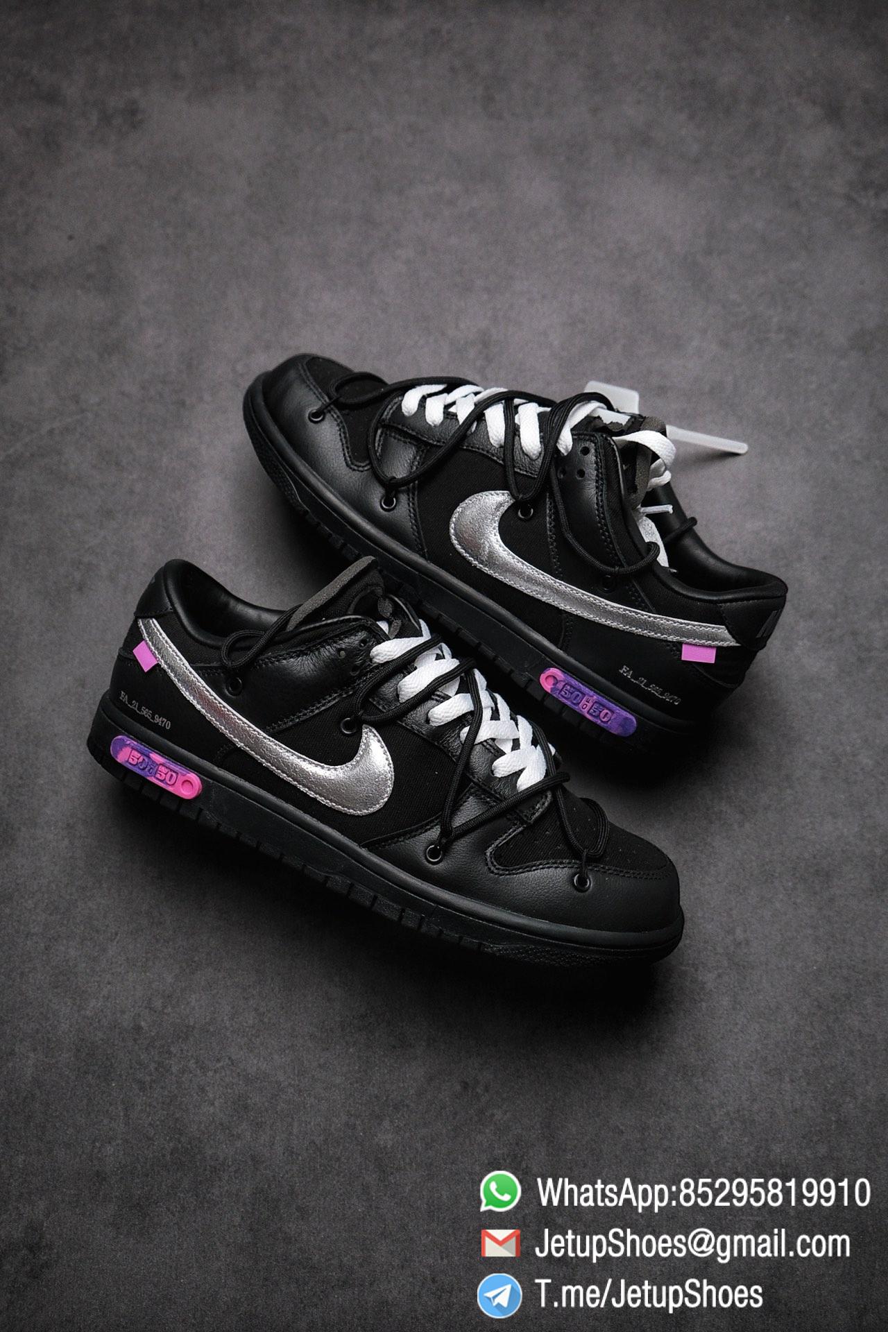 Off White x Nike Dunk Low THE 50 Jet black Leather Construction Metallic Silver Swoosh Relays Best Replica Sneakers 01